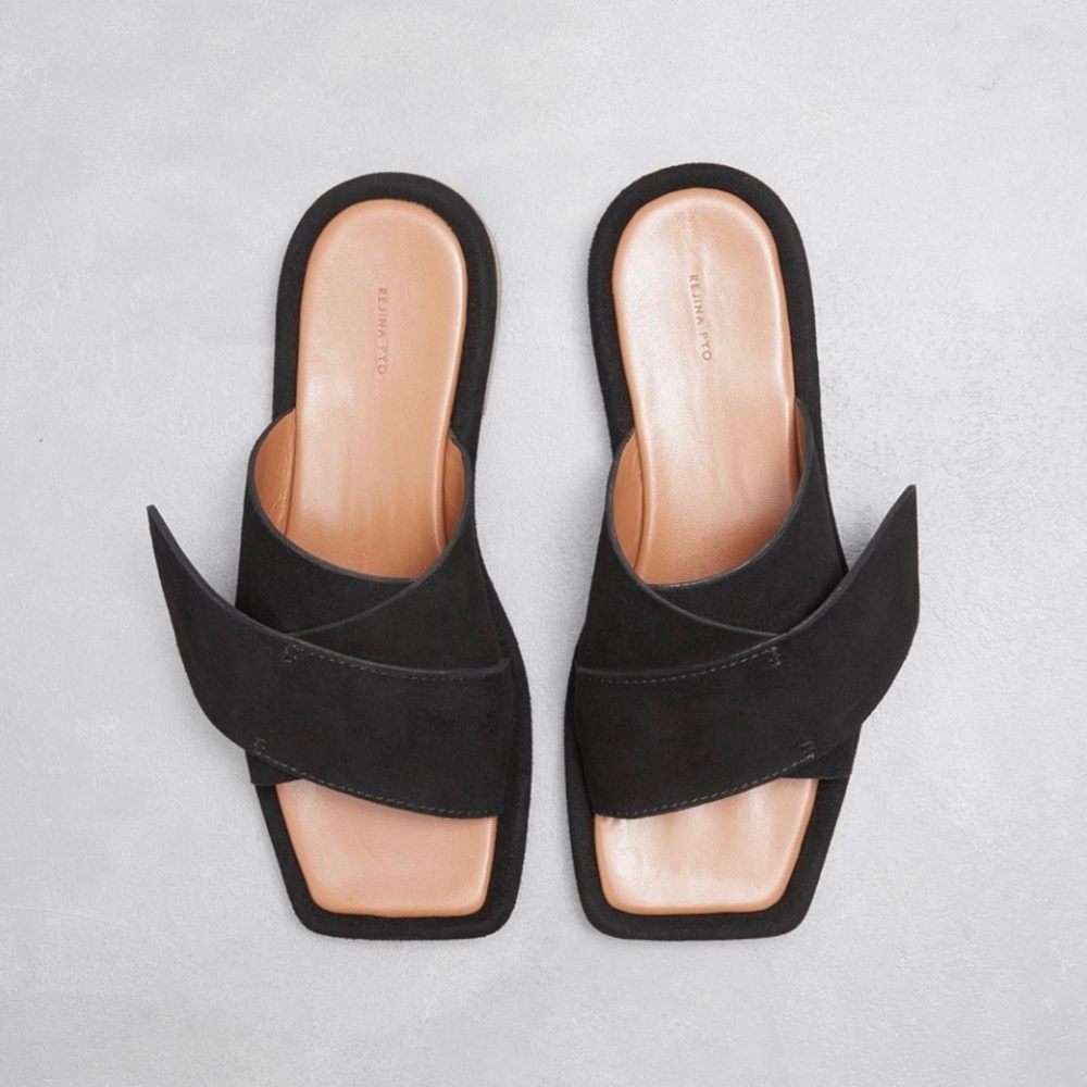 Rejina Pyo Dara Black Suede Crossover Designer Luxury Slide Mules Sz 40
